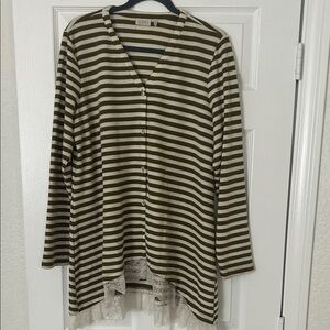 LOGO by Lori Goldstein Olive Striped Button Down Shirt with Lace Hem